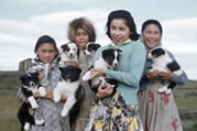 Augusta Bernhardt and friends with pups. Tuktoyaktuk, NWT, 1956. (N-2001-002-6325)