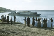 A farewell to the Sant’Anna, the mission boat, which is leaving for the Arctic coast. Fort Smith, NWT, 1959. 